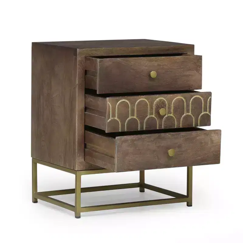 3-Drawer Mango Wood Nightstand with Gold Fish Scale Pattern & Iron Legs, Mid-Century Modern