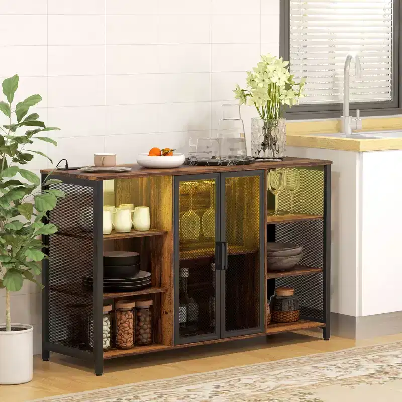 HOMCOM Wine Cabinet with Charging Station and LED Lights, Bar Cabinet with Glass Holders, Mesh Doors, Adjustable Shelf and 6 Open Compartments, Brown