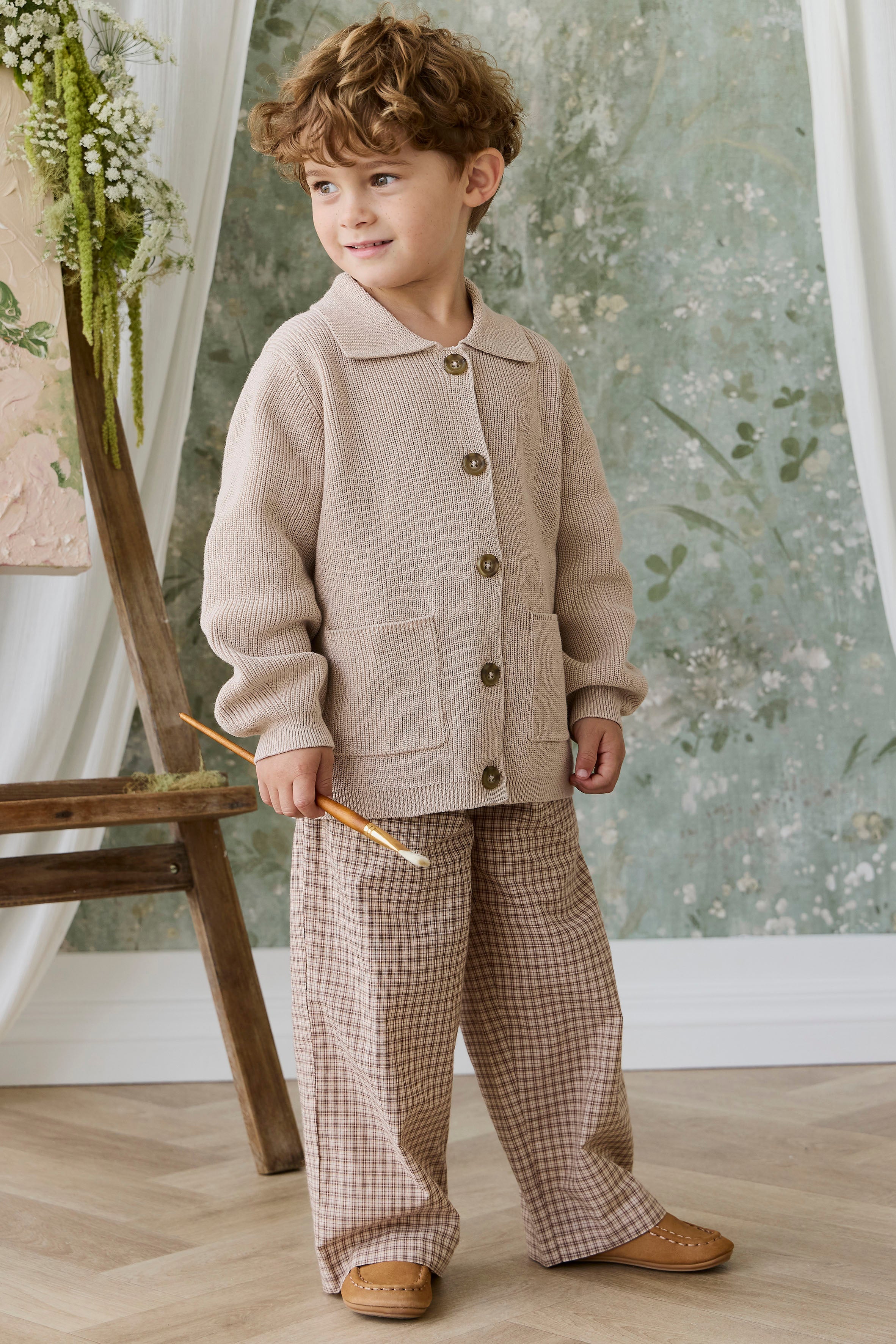 Relaxed Cocoa Brown Check Organic Cotton Wide-Leg Pant with Elastic Waistband & Decorative Waist Tie for Kids Daily Wear