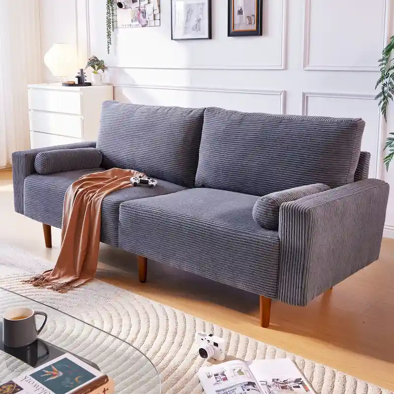 Mid-Century Modern Upholstered Sofa Couch with Rolled Pillows