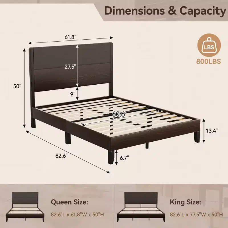 Dyonery Platform Bed Frame with 50 Tall Headboard, Solid Wood Slat Support, Noise-Free Mattress Foundation, No Box Spring Needed