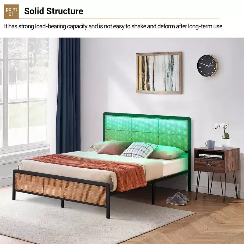 Rattan Bed Frame with Headboard LED Lights, Storage and Footboard Easy Assembly, No Box Spring Needed