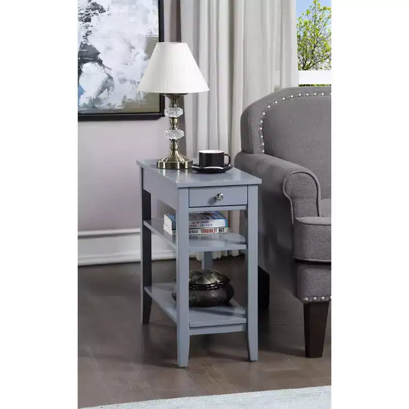 HomeStock Belmont End Table with Smooth Drawer, Nickel Knob and Three Tier Storage Shelving, Transitional Side Table for Living Room or Office