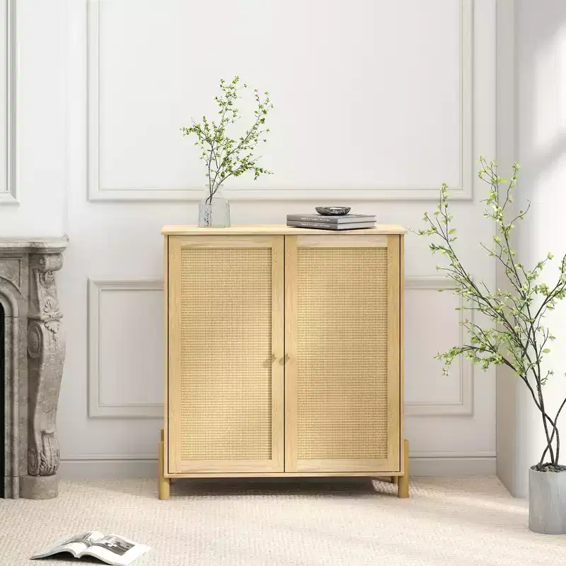 Mid-Century Storage Cabinet with Rattan Doors, Adjustable Shelves, and Solid Wood Base