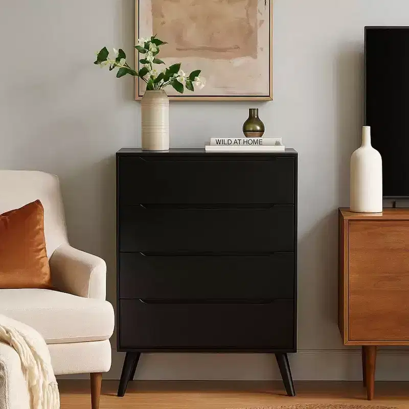 Royal Hampton 4 Drawer Wooden Chest With Round Tapered Legs, Black