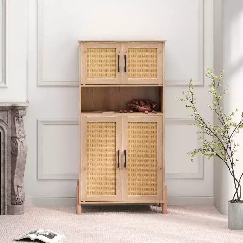 Four-Door Storage Cabinet with Woven Rattan Design, Adjustable Shelves, and Versatile Style for Living and Dining Rooms