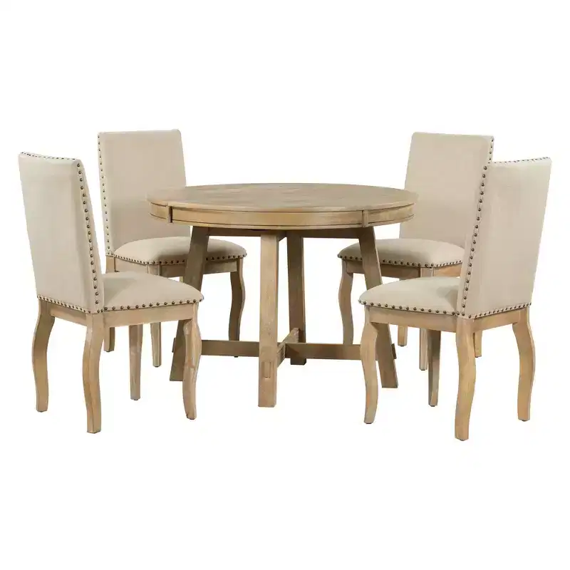 Whisen 5-Piece Farmhouse Dining Table Set with Extendable Dining Table and 4 Upholstered Dining Chairs
