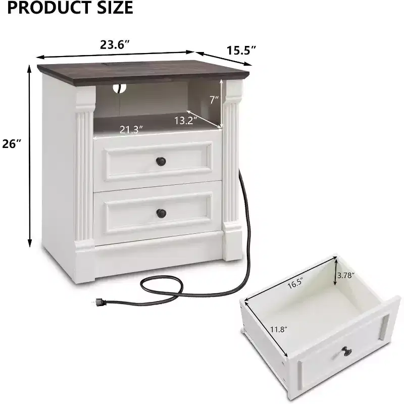 26 Nightstand with Charging, 23.6 Farmhouse Table Open Shelf & 2 Drawers