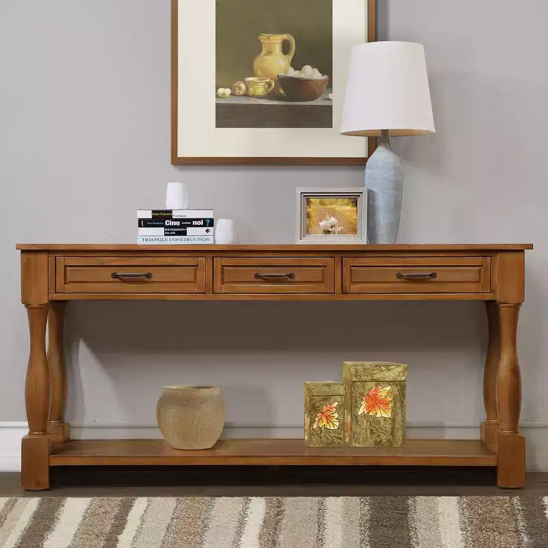 Okak 61IN Vintage Long Pine Console Table, Entryway Table with 3 Drawers and 1 Bottom Shelf, Accent Table for Entryway, Living Room