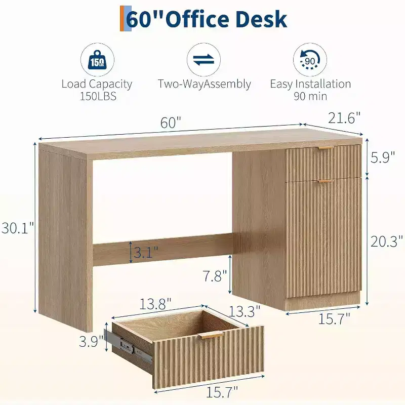 60in Fluted Executive Desk with Drawers, Modern Home Office Desk with Storage Cabinet, Wood Computer Workstation for Working, Studying, Writing, Oak