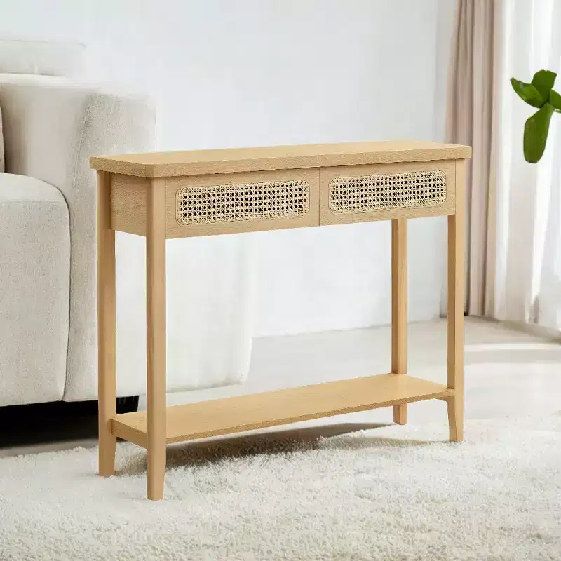 Rattan Console Table with 2 Drawers & Open Shelf, Narrow Entryway Table, 39.4
