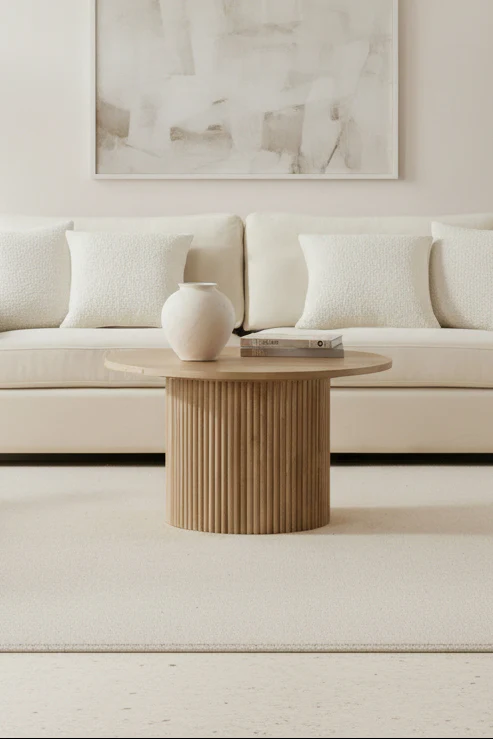 Scandi Light Wood Coffee Table with Panelled Cylindrical Base for Living Room