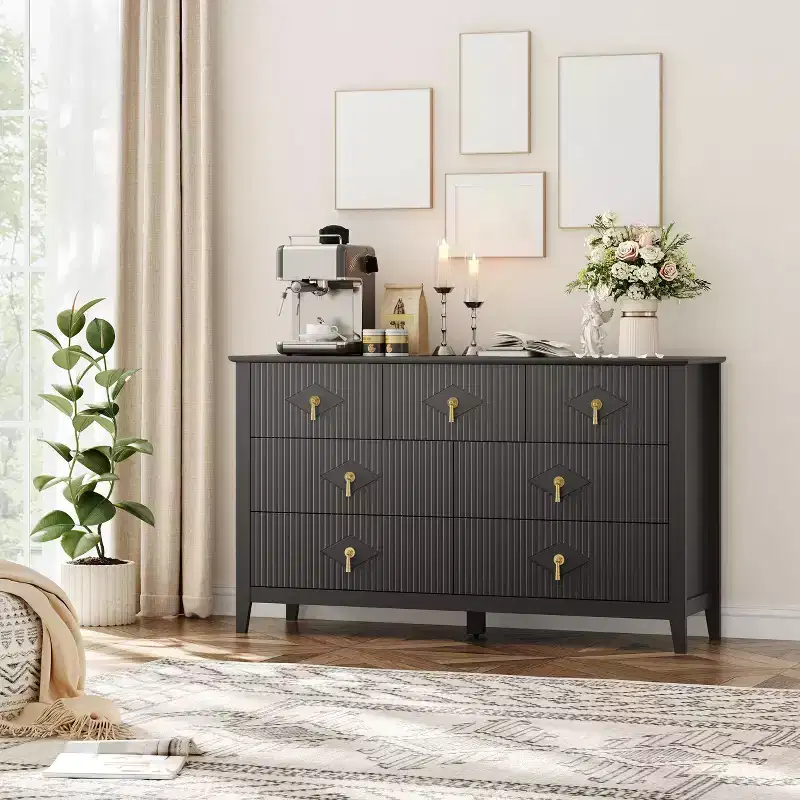 7 Drawer Dresser for Bedroom, 54W Wooden Chest of Drawers with Metal Handles, Fluted Clothes Storage Organizer, Dresser TV Stand for Hallway