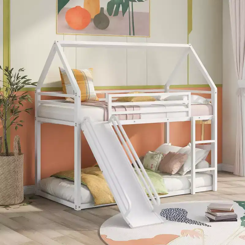 Twin over Twin Metal House Bunk Bed with Convertible Slide and Ladder