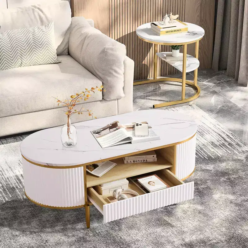 Modern Luxury Fluted Coffee Table, 47.24 Oval Coffee Table with Storage, Faux Marble Top, Curved Profile Design,Gold Metal Legs and Handles, White