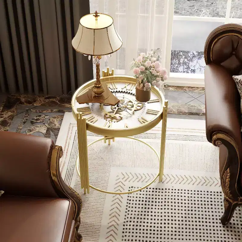 Gold Top Clock End Table with Rotating Gear Display, Round Nightstand Side Accent Table