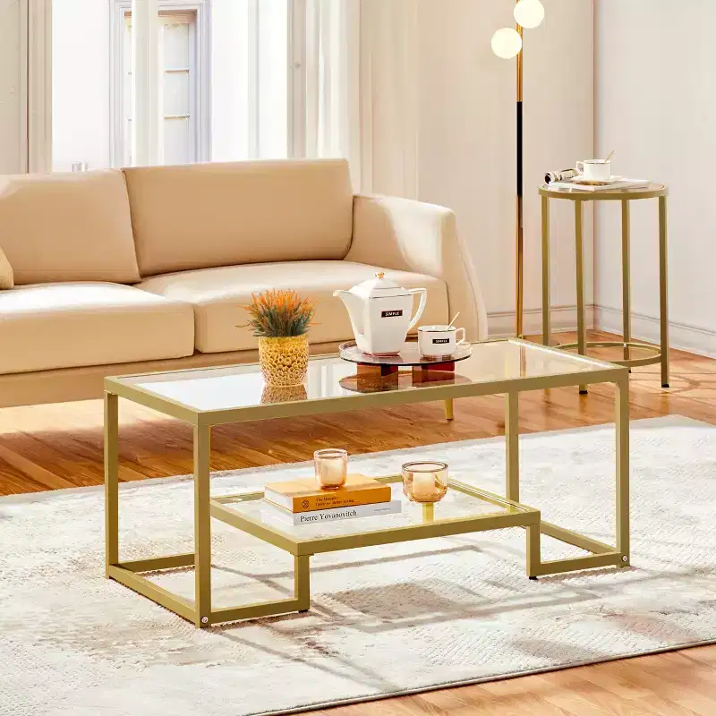 Yaheetech Modern Tempered Glass Coffee Table With Open Shelf for Living Room Gold