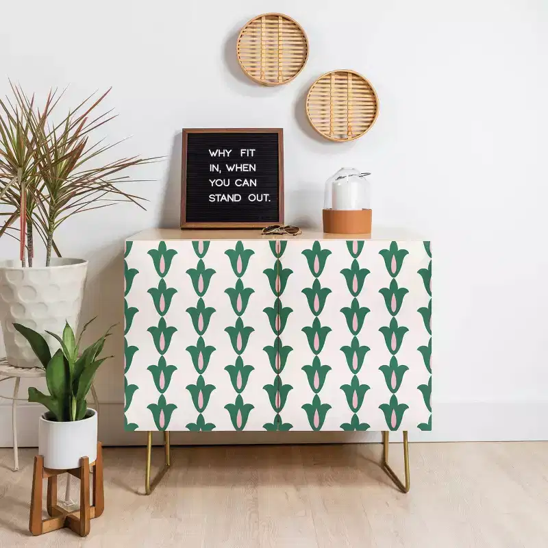 Retro Green Floral Pattern Credenza - Birch Frame, 2 Doors