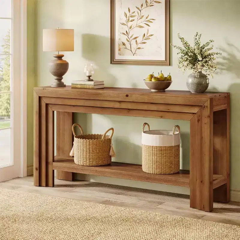 Lantine 63-Inch Solid Wood Console Table, 2-Tier Entryway Table with Storage Shelf, Farmhouse Behind Couch Table for Living Room, Hallway