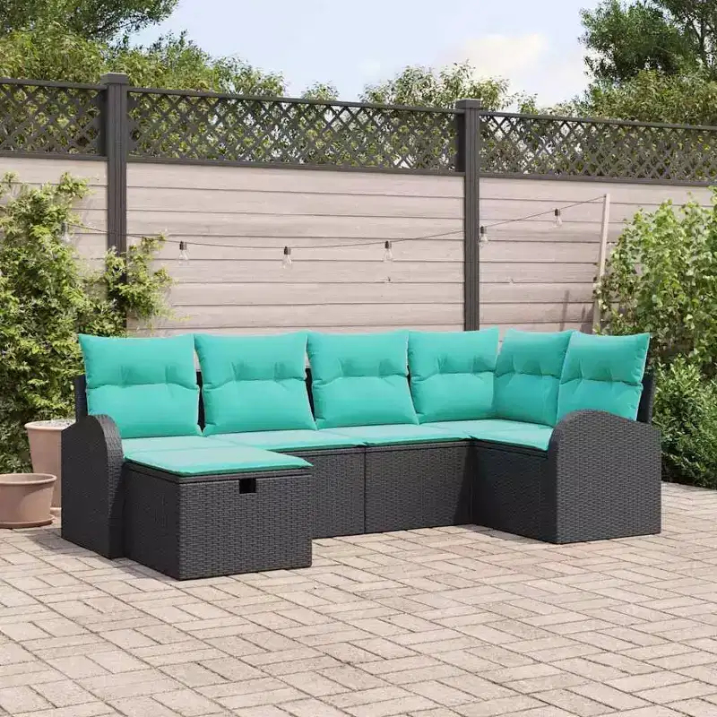 vidaXL Garden Sofa Set with Cushion 6 pcs Black Poly rattan - Black without table Blue