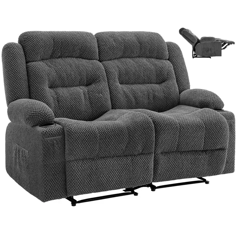 Loveseat Recliner Sofa, Manual Reclining Couch with Heating and Massage, Soft Corduroy Recliner Sofa with USB Ports, Cup Holders ,Grey