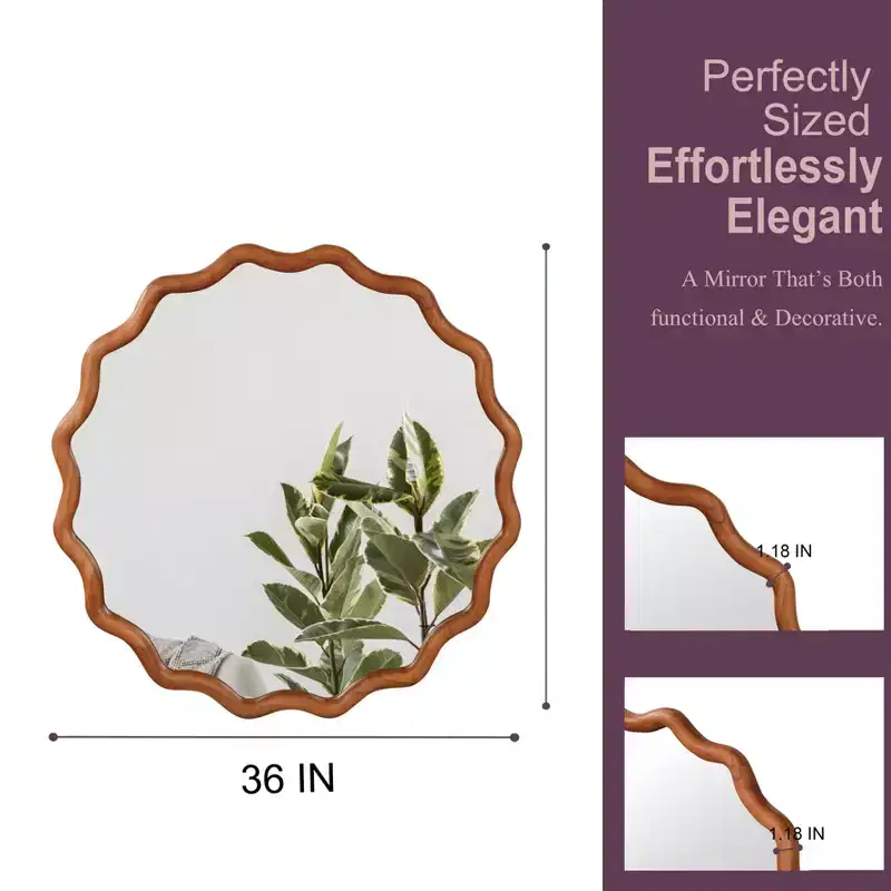PexFix 36 Wavy Round Solid Wood Frame Decorative Mirror Modern Farmhouse Wall Mirror For Bedroom Bathroom Living Room Entryway Brown