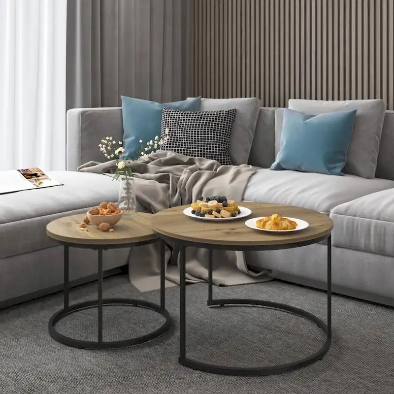 Nesting Coffee Table Set of 2, 27.6inch Round Coffee Table Wood Finish with Sturdy Metal Frame,End Table Side Tables