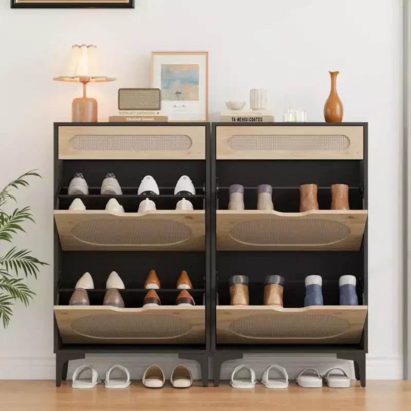 Rattan shoe cabinet with 2 flip-top drawers and 1 pull-out drawer, three adjustable shelves, designed for narrow entryways and hallways.