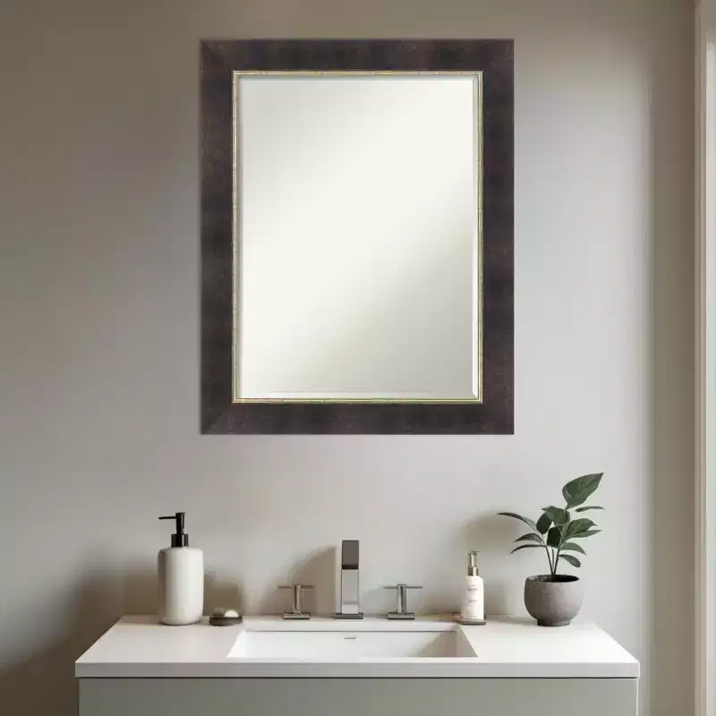 Antique Bronze Petite Bevel Wood Bathroom Wall Mirror 28.75 x 22.75 in.