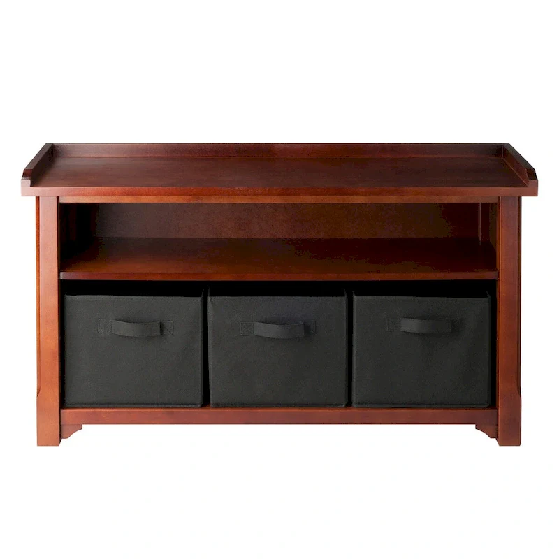 Walnut & Black Storage Bench with 3 Foldable Baskets, Seats 1