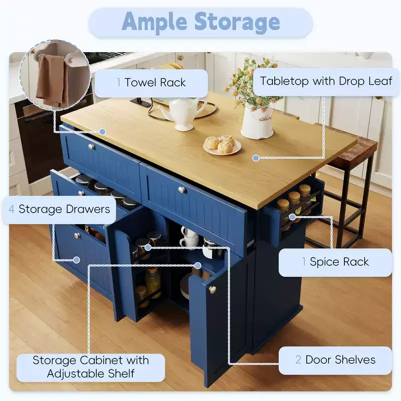 Farmhouse Kitchen Island with Drop Leaf, Drawers, Power Outlet and 2 Seats