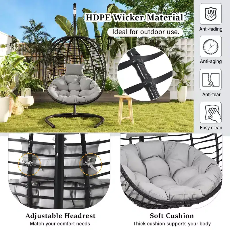 Whisen Single Person Folding Egg Chair with Stand, Hammock Swing Chair with Adjustable Anti-Slip Feet