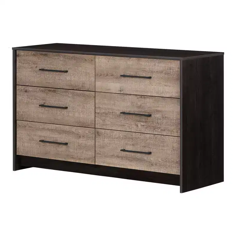 6 Drawer Double Dresser Rubbed Black/Weathered Oak: Contemporary Storage Chest with Metal Slides