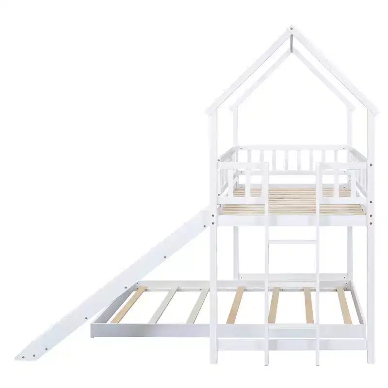 Whisen House Roof Design Twin over Full House Bunk Bed with Slide and Built-in Ladder