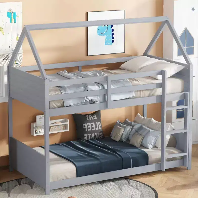 Bellemave Twin House Floor Bunk Bed with Headboards, Footboards and Guardrails, Ladder, Rubber Wood Bunk Bed with Safety Guardrails,Light Grey