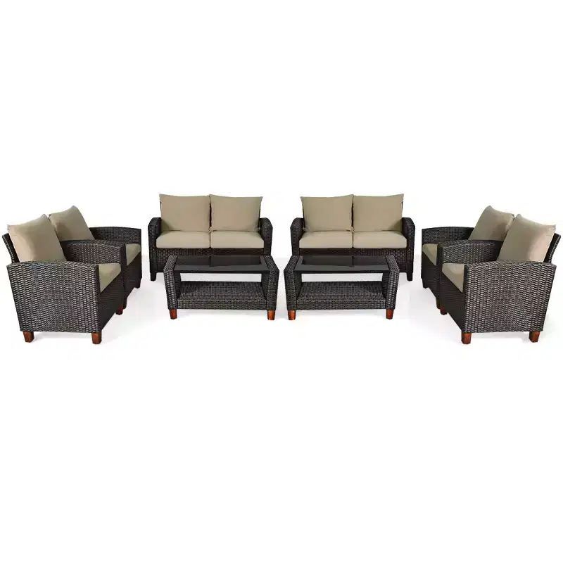 Costway 8PCS Patio Rattan Furniture Set Solid Wood Leg Cushioned Sofa Garden Lawn