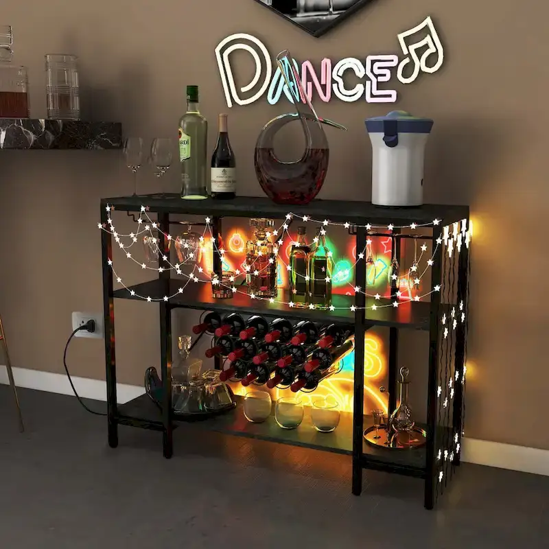 Wine Rack Bar Table with 15 Bottle Slots, Glass Holders and USB Charging Station