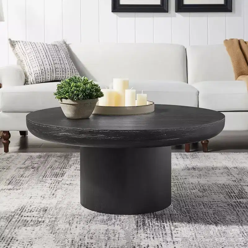 Okak 36L Round Coffee Table for Living Room, Wood Veneer Tabletop, Sofa Side Table with Cylindrical Leg for Small Space Home Office