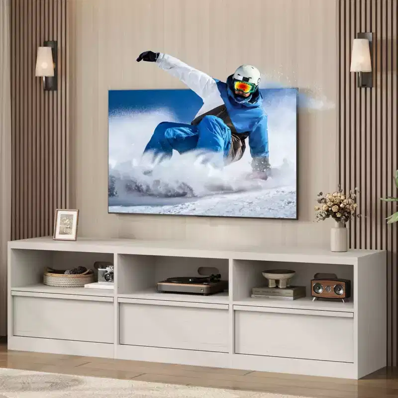70 inch TV Stand for 80 TVs, Mid Century Modern Entertainment Center with Storage Drawer & Open Shelves