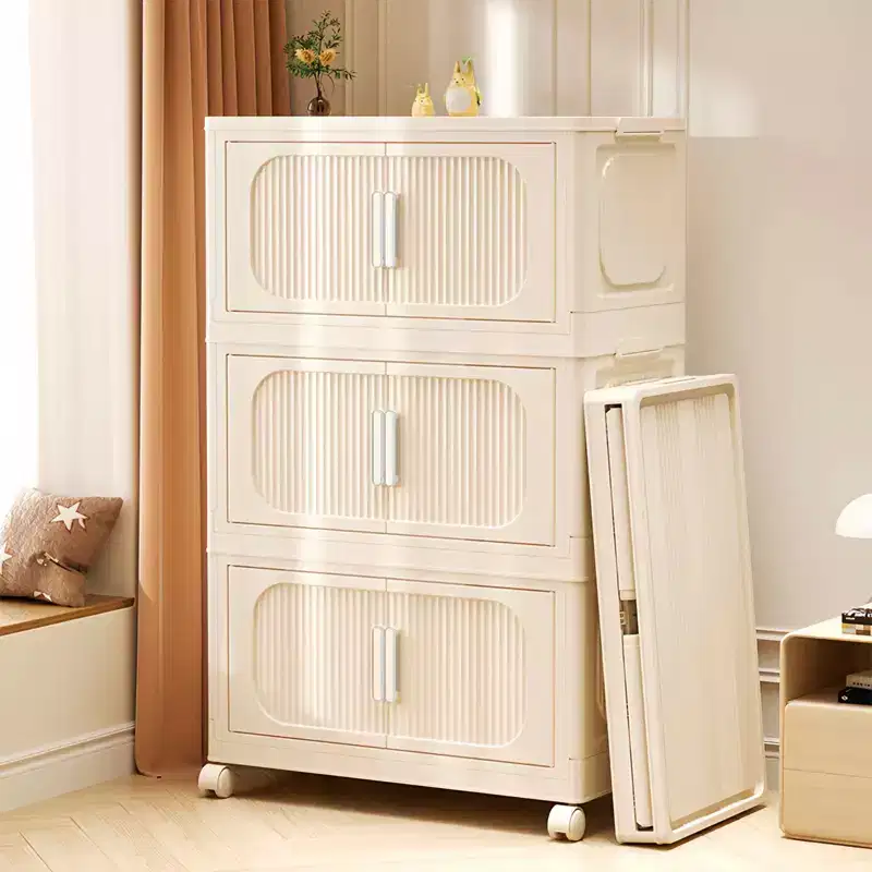 19.69 Side 3 Tiers Plastic Folding Stoarge Cabinet with Magnetic Door Wheels Cream White for Living Room