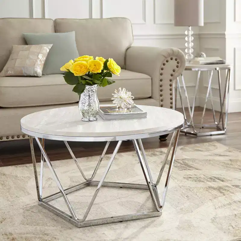 Luna Faux Stone Round Coffee Table - Silver - SEI