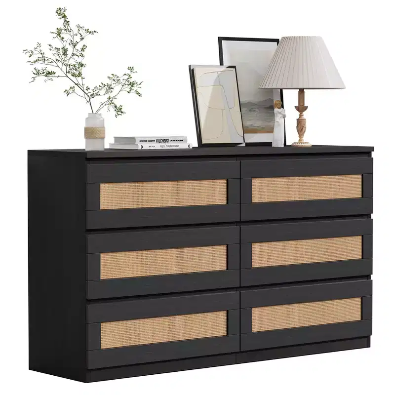 Rattan 6-Drawer Dresser - Slim Wooden Storage Cabinet, Freestanding Organizer for Bedroom & Entryway
