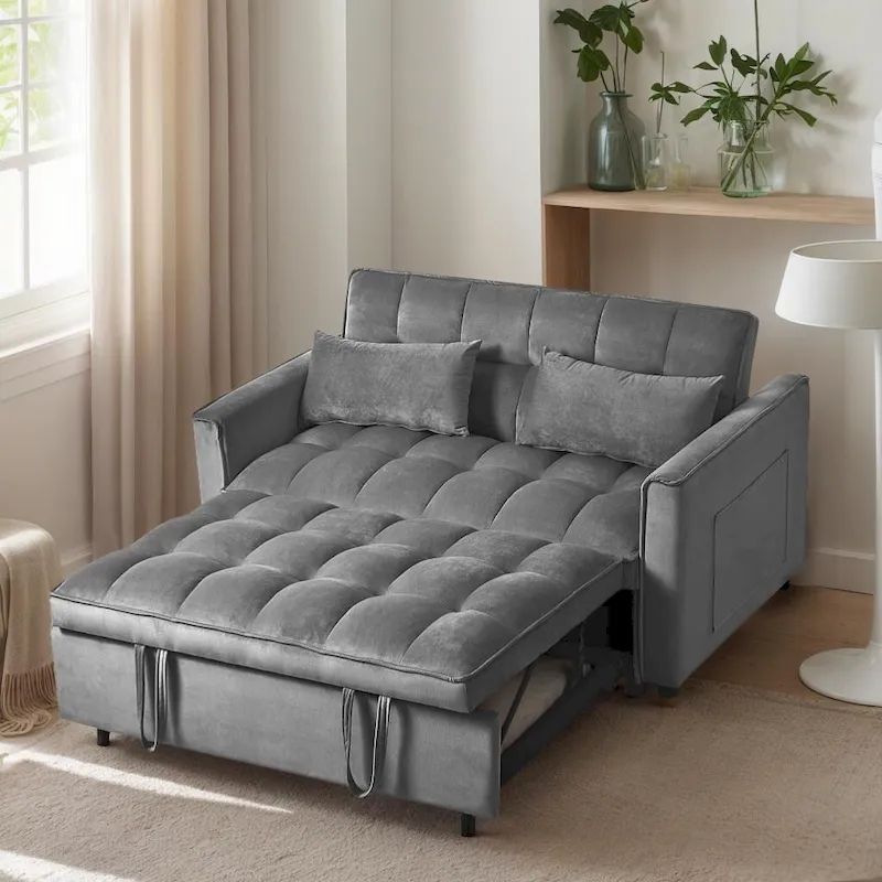 Modern Velvet Futon Loveseat with Reclining Backrest & Pockets, Seats 2 ??Dark Gray / Light Gray / Blue / Black