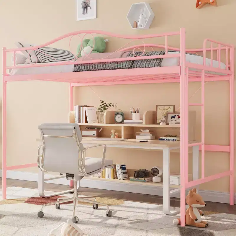 Single loft bed  Heavy-duty metal frame, removable ladder, full-length safety rails, 400 lbs weight capacity, no mattress base required