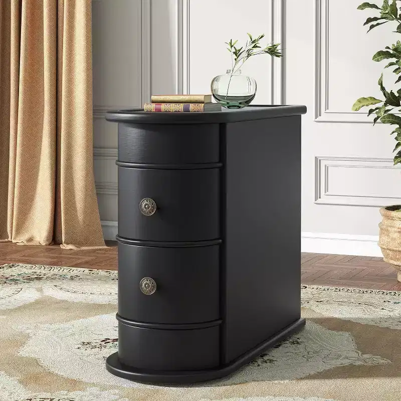 Slim 2-Drawer Wood End Table Narrow Nightstand Chairside Table No Assembly Required