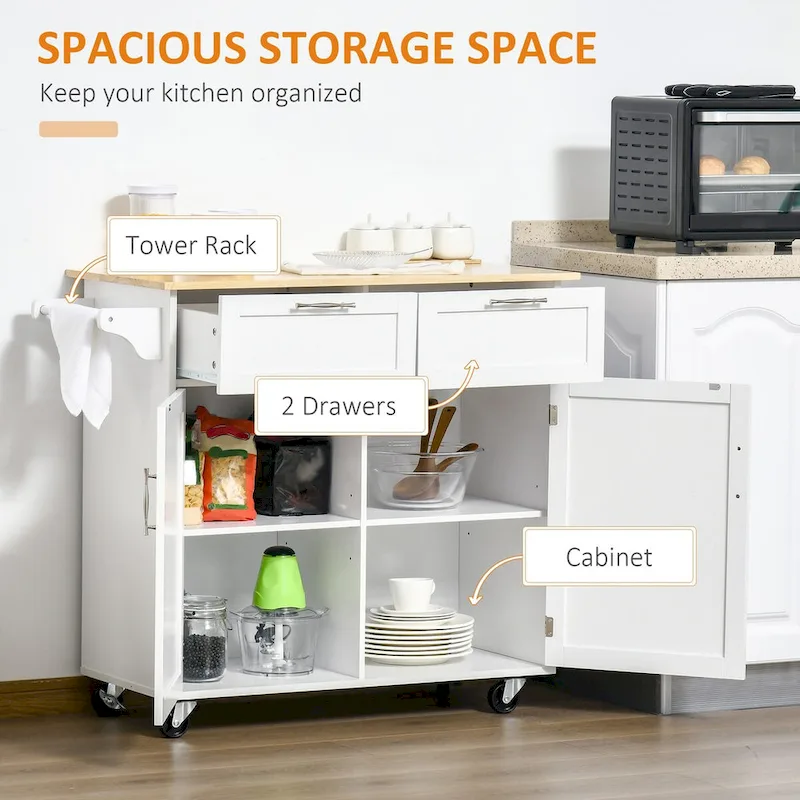 41 Modern Rolling Kitchen Island on Wheels with Rubberwood Top