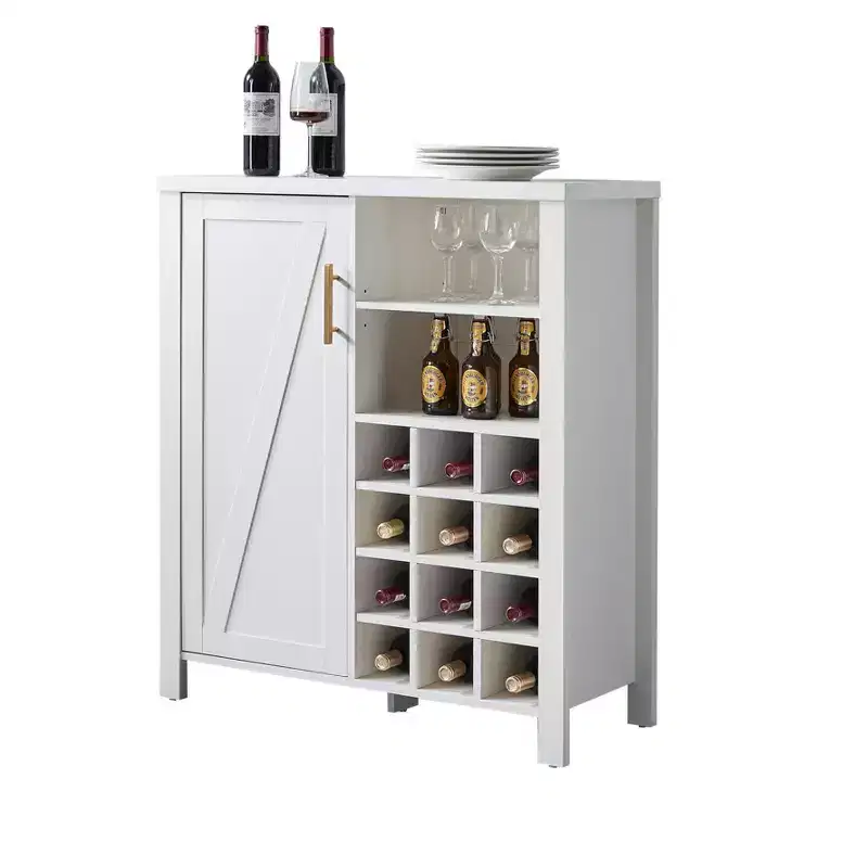 Farmhouse Sideboard Buffet Wine Bar Cabinet with 12-Bottle Rack & Gold Handle, Black & Walnut