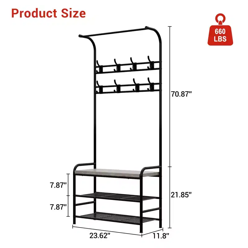 Entryway Hall Tree, Coat Rack Shoe Storage Bench with 3-Tier Storage Shelf, 8 Removable Hooks, a Hanging Rod