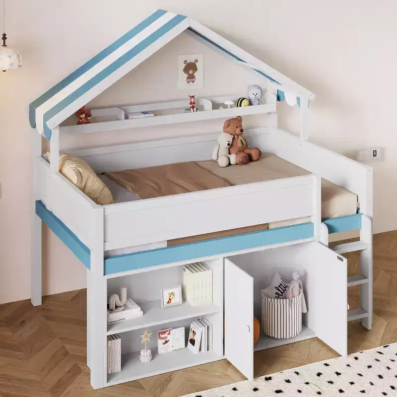 Whisen Full Size Loft Bed, House-Inspired Design with Canopy Roof and Storage Cabinet