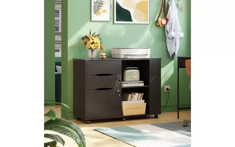 DEXYLLO File Cabinet with Lock, 3 Drawer Rolling Mobile Lateral Filing Cabinets with Charging Station Printer Stand with Open Storage
